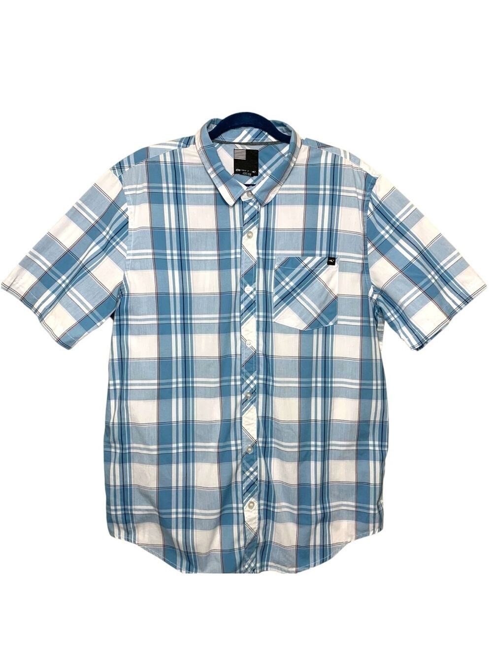 O'Neill Blue White Plaid Short-Sleeve Button-Down Shirt L Casual Coastal Surfer